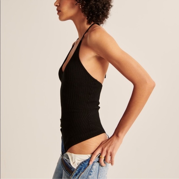 NWT - Abercrombie Elevated Knit Tie Halter Black Bodysuit (XS) - Picture 2 of 6